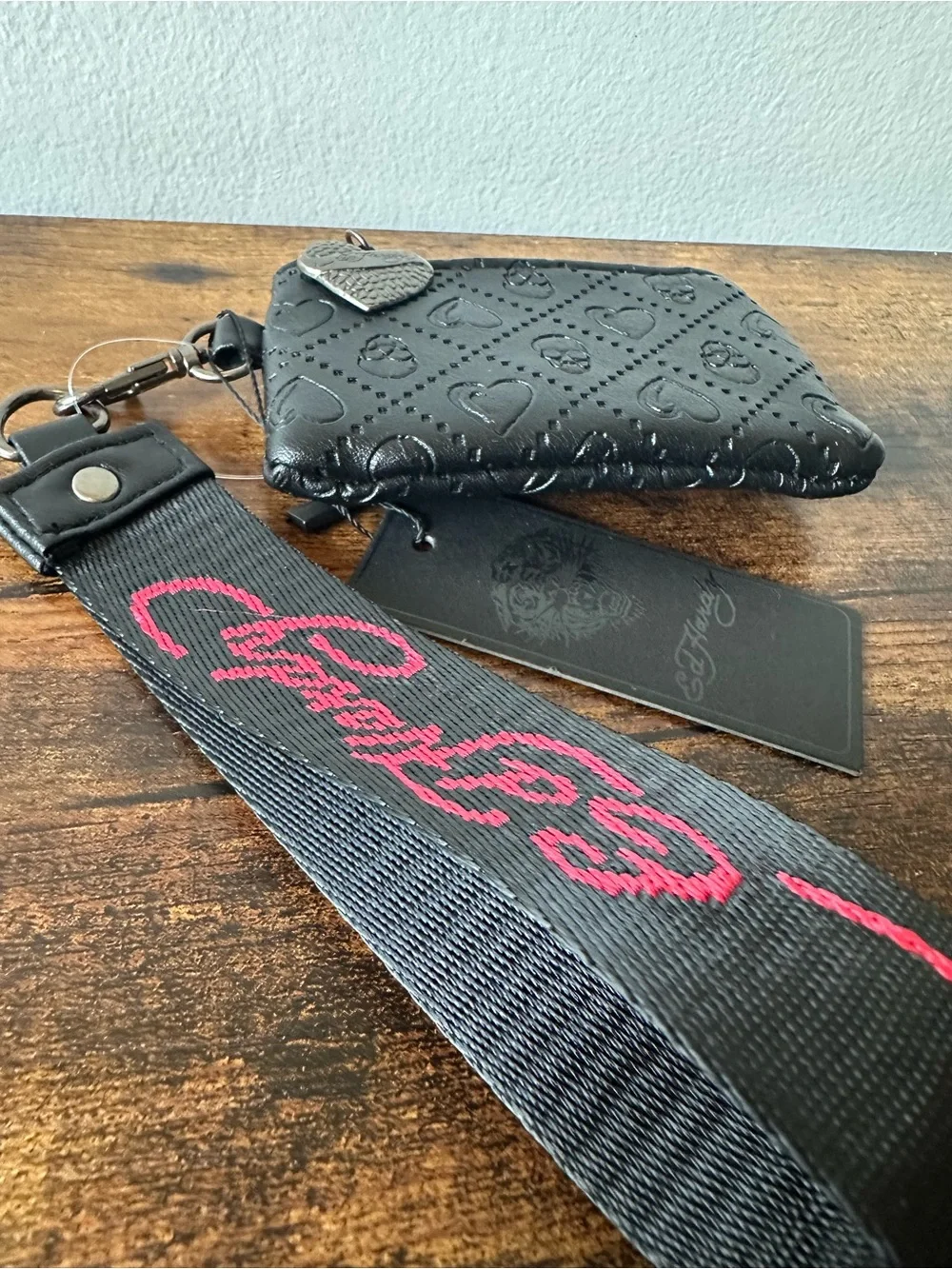 Ed Hardy Black Embossed Heart & Skull Wallet Pouch with Embroidered Wristlet NWT